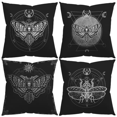 Knibeo Mystical Moth Dead Head Gothic Pillow Covers 18x18 Set of 4, Moth Decor, Witchy Witch Throw Pillow Covers, Goth Home Decor Aesthetic, Goth Gifts for Women
