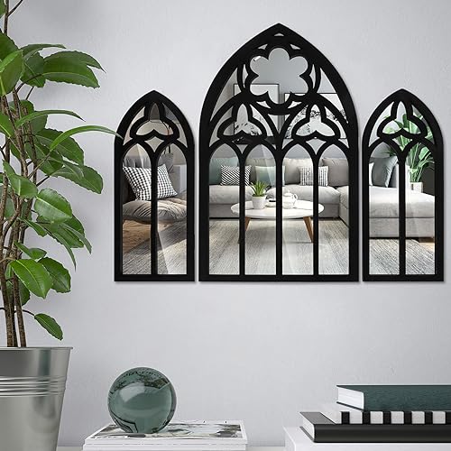3Pcs Gothic Arch Mirror Decor for Wall, Small Cathedral Goth Bedroom Decor - 11.8 Inches Gothic Decorative Mirror Wall Hanging Decor Furniture for Home Bedroom Bathroom(White)