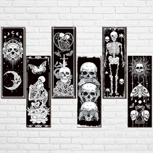 6 Pieces Skull Wall Decor Funny Goth Home Sun and Moon Wooden Wall Art, Black and White Wall Hanging Gothic Witchy Spooky Aesthetic Wall Decor Minimalist Wall Pediments for Bedroom Living Room Decor - Skull