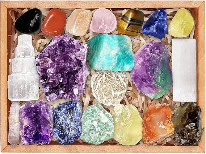 Aovila Premium Crystals and Healing Stones for Beginners in Wooden Box - 7 Chakra Set Raw Stones, 7 Tumbled Stones, Amethyst Crystal, Amazonite, Fluorite, Desert Rose, Selenite + Info Guide & E-Book - Chakra Therapy Set