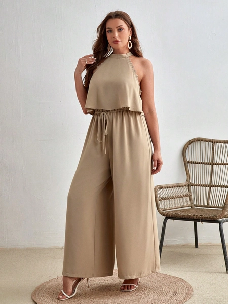 SHEIN VCAY Plus Solid Halter Top & Wide Leg Pants
