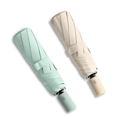BAODINI Small UV Protection Travel Umbrella Compact for Rain and Sun UPF 50+ Windproof Portable 42 inch Umbrella for Women and Men - 2 Pack Light Green & White