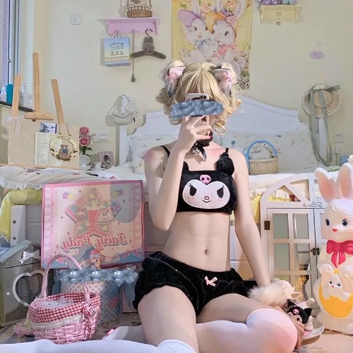 Pastel Goth Kuromi Lingerie Set for Cozy Nighttime Wear - M