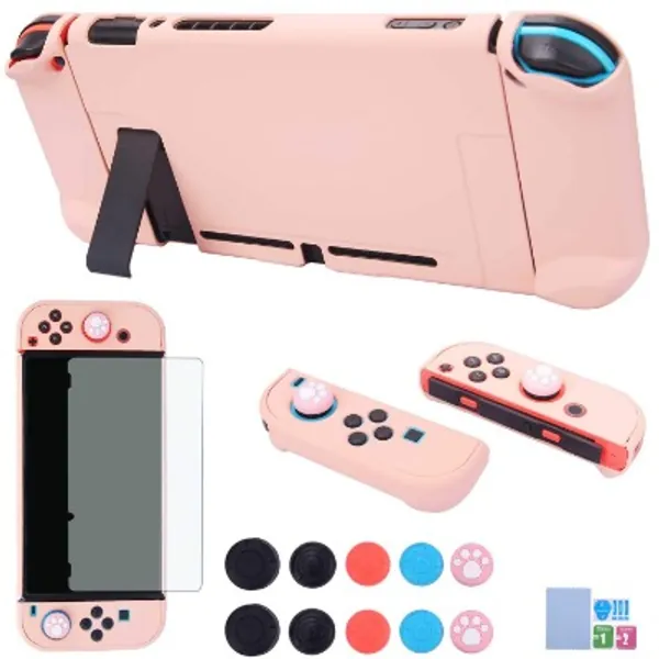 Dockable Case for Nintendo Switch - COMCOOL 3 in 1 Protective Cover Case for Nintendo Switch and Joy-Con Controller with Screen Protector and Thumb Grips - Pink