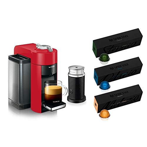 Nespresso Vertuo Coffee and Espresso Machine Bundle by De'Longhi Aeroccino Milk Frother - Machine + Aeroccino + Capsule Set - Red
