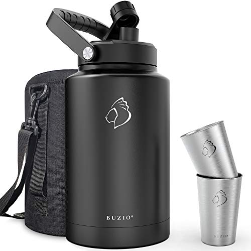 BUZIO One Gallon Water Bottle Insulated, 128oz Stainless Steel Water Bottle, 18/8 Food-Grade Water Growler with Carrying Pouch and Two Stainless Steel Cups, Hot Cold Thermo Canteen Mug, Black - Black - 128oz