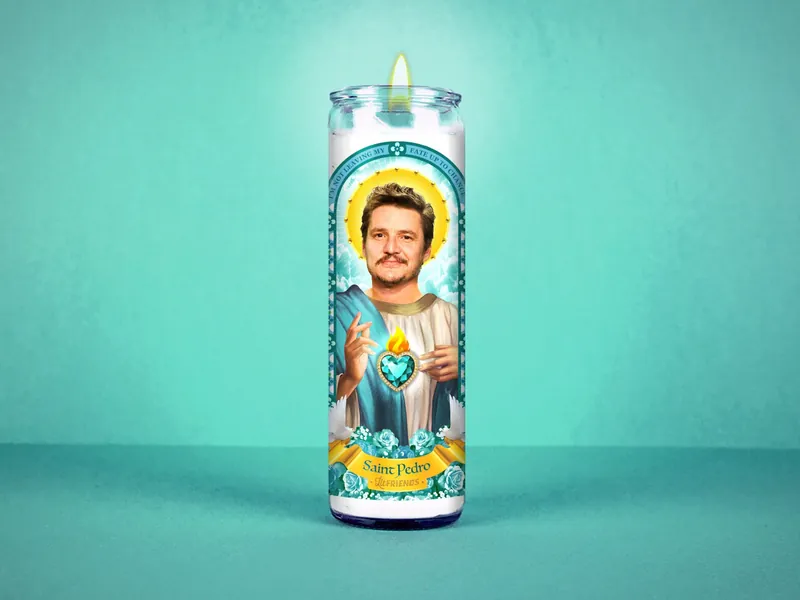 Saint Pedro Pascal Celebrity Prayer Candle: Non Scented | 8 inch Glass Prayer Votive - 100% Handmade in USA | Funny Gift Idea
