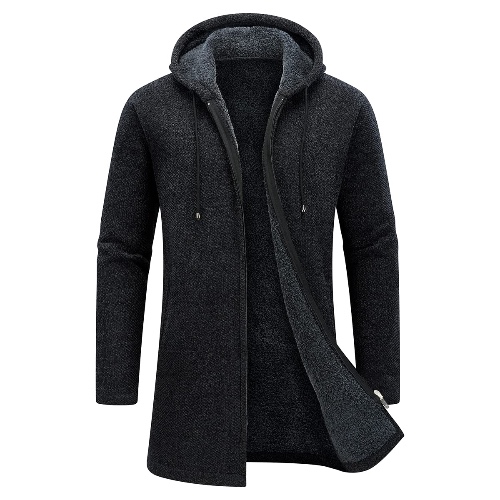 KUDORO Mens Knitted Cardigan Thick Hooded Sweater Jumper Full Front Zipper Warmth Winter Fleece Coat Long Sleeve Mid-Length Causal Sweaters for Men