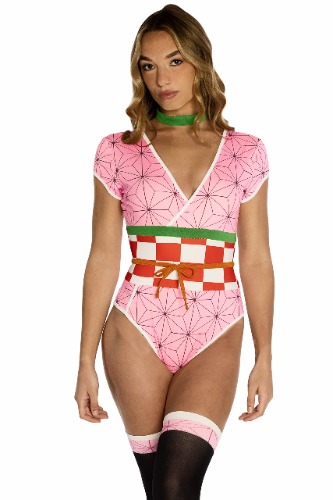 ENVY BODY SHOP Kamado Nezuko Anime Kimono-Inspired Cosplay Costume Romper Halloween, Sleepwear, Homewear - Small Romper With Thigh High