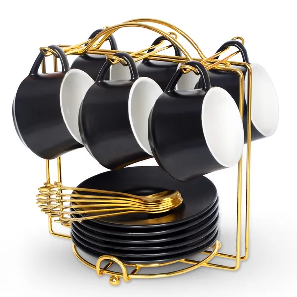 Espresso Cups with Saucers, Spoons and Metal Stand, Lareina Small 4 oz Ceramic Cappuccino Coffee Cups Set of 6, Cute Demitasse Cups with Handle for Nespresso Lungo, Double Espresso, Cortado(Black) - Black