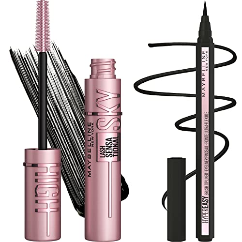Maybelline Lash Sensational Sky High Washable Mascara + Hyper Easy Liquid Eyeliner Makeup Bundle, Includes 1 Mascara in Blackest Black and 1 Eyeliner in Pitch Black - BLACKEST BLACK & HYER EASY BUNDLE - 2 Count