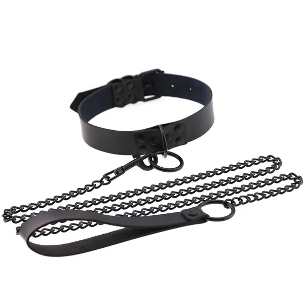 Dark Leather Collar With Chain Fashion Chocker