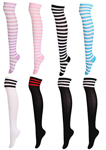 Thunaraz 8 Pairs Long Thigh High Socks for Women Striped Knee High Leg Warmers - Style: A
