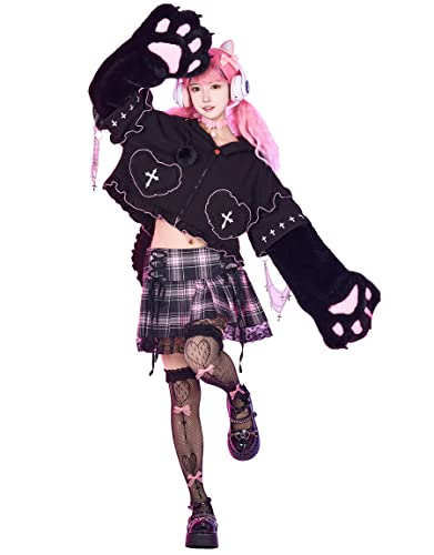 Micotaku Womens Gothic Pullover Hoodie Bunny Ears Furry Paw Design with Detachable Bag and Gloves - Small