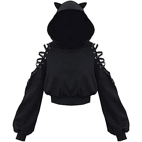 Amiblvowa Womens Long Sleeve Cute Cat Ear Pullover Hoodie Crop Top Gothic Cold Shoulder Lace Up Y2k E-Girl Sweatshirt - Black a - Medium