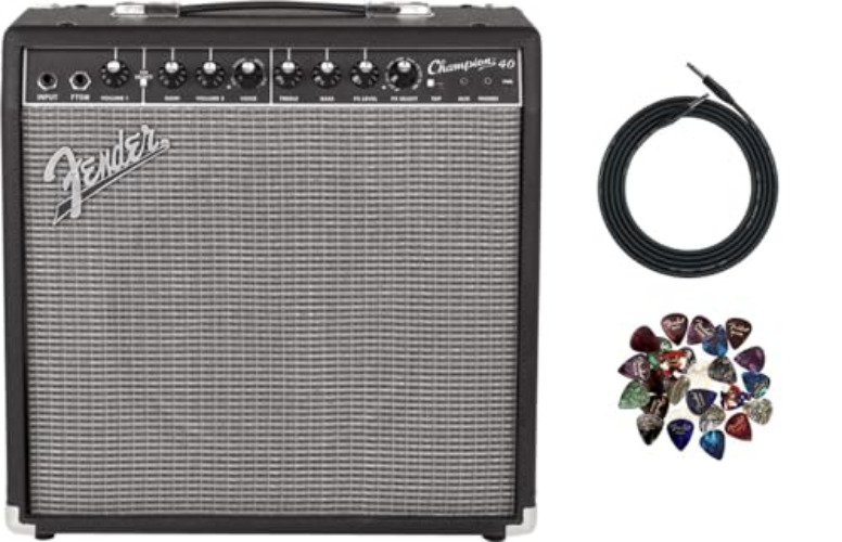 Fender Champion 40 Guitar Combo Amplifier Bundle with Instrument Cable and Picks - 40 W - Champion
