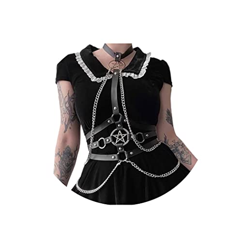 Jerany Punk Black Leather Body Chain Belts Goth Body Chest Harness Pentagram Waist Chains Belts Adjustable Body Chain Party Nightclub Birthday Harness Rave Leather Belly Chain for Women and Girls - Harness