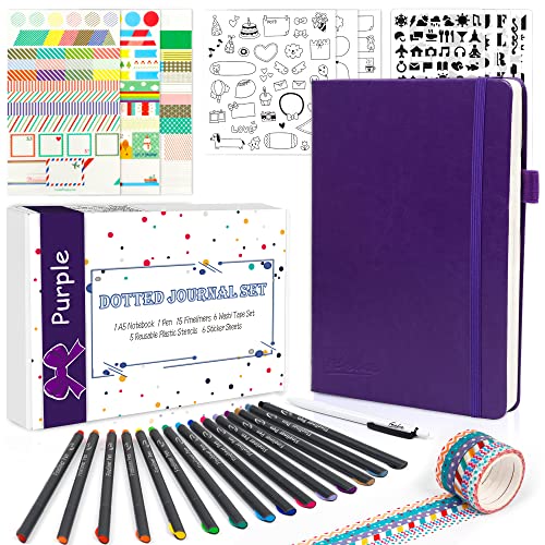 feela Dotted Journal Kit, Dot Grid Journal Hardcover Planner Notebook Set For Beginners Women Girls Note Taking with Journaling Supplies Stencils Stickers Pens Accessories, A5, 224 Pages, Purple - Purple