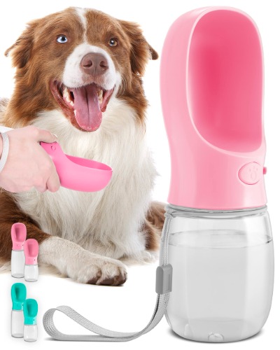 MalsiPree Dog Water Bottle, Leak Proof Portable Puppy Water Dispenser with Drinking Feeder for Pets Outdoor Walking, Hiking, Travel, Food Grade Plastic (12oz, Pink) - 12OZ Pink