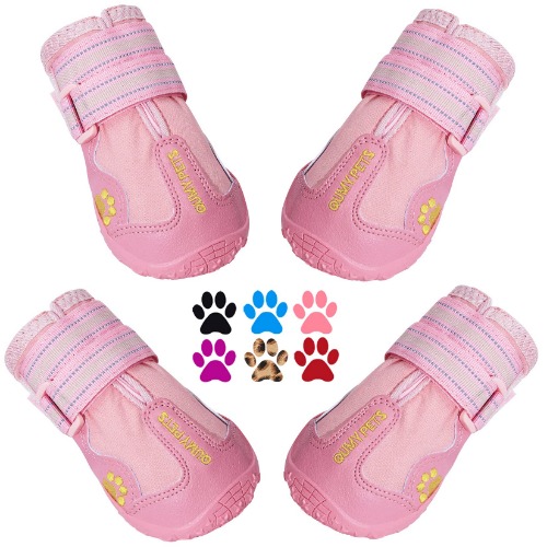 QUMY Dog Boots Waterproof Shoes for Dogs with Reflective Strips Rugged Anti-Slip Sole Black 4PCS (Size 3: 2.0''x2.5''(W*L) for 23-33 lbs, Pink) - Pink Size 3: 2.0''x2.5''(W*L) (Pack of 4)