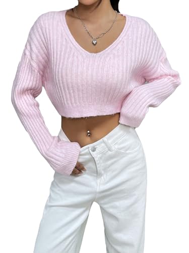 Floerns Women's Solid V Neck Long Sleeve Drop Shoulder Crop Top Sweater - Small - Pink