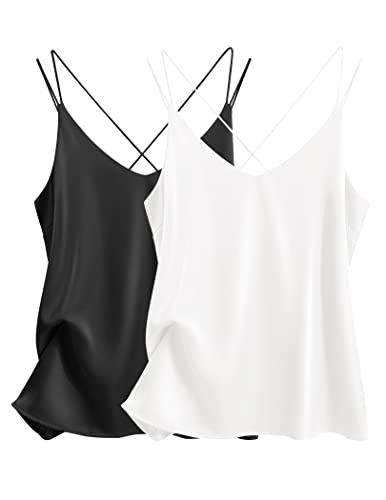 Ekouaer Womens Silk Satin Camisole Tank Tops V Neck Spaghetti Strap Blouses Cross Back Sleeveless Cami Shirt - 2 Pack - Small - Black+white