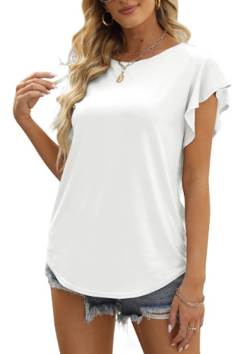 MIROL Women's Ruffle Sleeve Tops Summer Casual Blouse Crew Neck Solid Cute Tunic Shirt - Medium - White