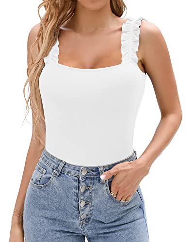 HERLOLLYCHIPS Sexy Tank Tops for Women Square Neck Ruffle Strap Ribbed Knit Tight Stretchy Sleeveless Shirts - Small - B White