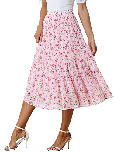 Allegra K Women's Floral Skirts Chiffon A-line Long Tiered Ruffle Boho Midi Skirt XS-3XL - Small - Pink Rose