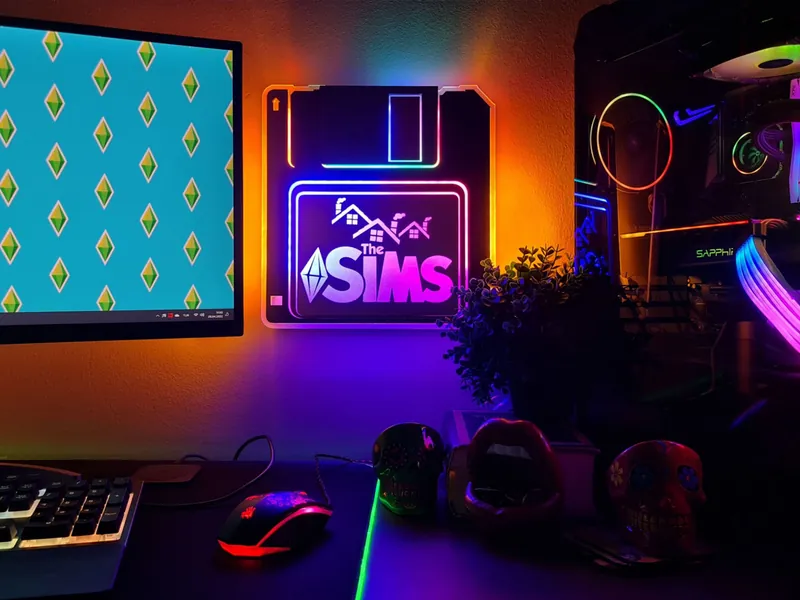 De Sims Paars Diskette Teken | Plumbob Wanddecoratie | Kleurrijke Game Room Setup | Neonbord voor Gameroom-| Cadeau voor haar | Cadeau voor dochter