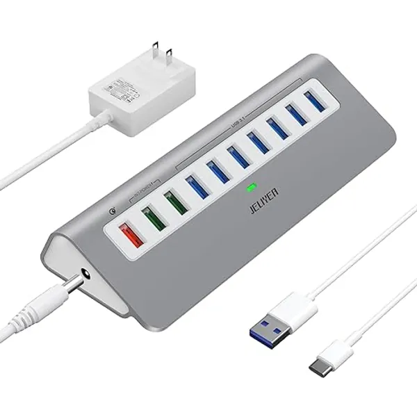 Powered USB Hub 10Gbps, 10 Ports USB 3.1 Gen 2 Hub Power Multiport USB Splitter USB Extender (7 USB 3.1 Data Port and 3 Fast Charging Port) with 36W Power Adapter, for Desktop/USB-A&USB-C Laptop/PC - 10-Port Power USB 3.1 Hub