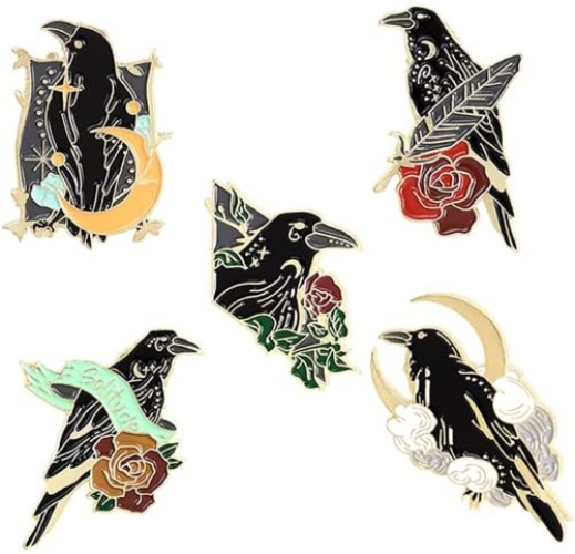 AOTEMAN Black Crow Enamel Pins Set 5Pcs Alloy Brooch Badge Novelty Rose Crow Pins Cute Animal Enamel Brooch Pins Cartoon Pins Decoration for Women Boys Girls Men Bag Jackets Hats Jewelry Gifts