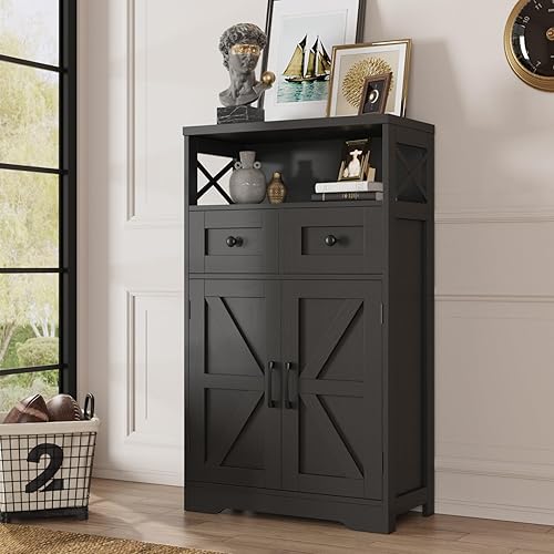 Befrases Black Storage Cabinet with Drawers and Shelves, Freestanding Black Kitchen Pantry Storage Cabinet, Floor Storage Cabinet Hutch Cupboard Black for Dining, Living Room, Home Office - Black - 42.5"H