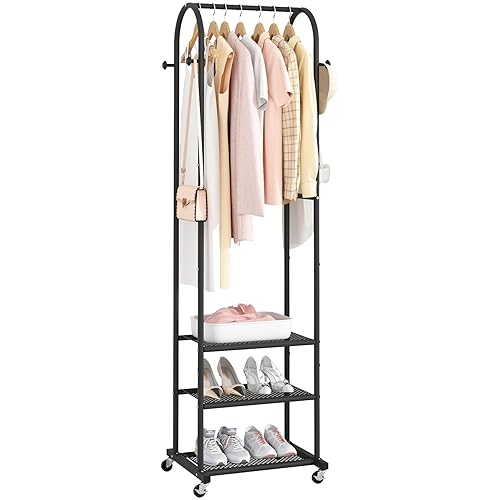 Kaitiemoo Heavy Duty Clothing Rack With Wheels,Modern Garment Rack With 3 Metal Shelves, 71.8Inches Display Rack For Hanging Clothes, Hanging Rod For Small Space,Black - Black