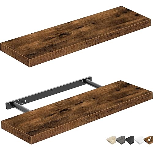 QEEIG Floating Shelves Wall Shelf 24 inches Long Farmhouse Bathroom Decor Bedroom Kitchen Living Room Wall Mounted 24 x 9 inch Set of 2, Rustic Brown (008-60BN) - 23.6" - A. Brown
