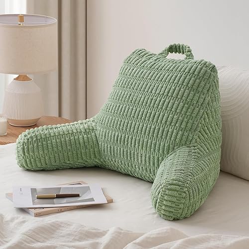 Blissful Diary Reading Pillow, Stylish Bed Pillow with Shredded Memory Foam for Adult Children Backrest, Back Pillow for Bed & Couch Sitting Up with Arms & Pockets & Washable Cover (Sage Green) - Sage Green