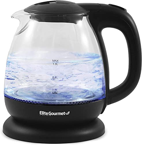 Elite Gourmet EKT1001 Maxi-Matic 1L Glass Electric Tea Kettle Hot Water Heater Boiler BPA-Free with Blue LED Interior Fast Boil and Auto Shut-Off, Black - Glass