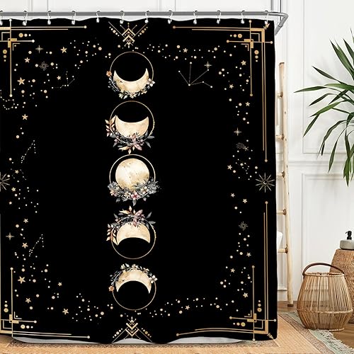 Miyotaa Moon Phase Moonlit Gothic Shower Curtain Set 60Wx71H Inches Black Witchy Tarot Mysterious Zodiac Constellation Astrology Celestial Waterproof Bathroom Curtain with 12 Hooks - 60"W x 71"L (Pack of 1) - Black Moon Phase