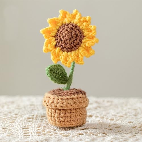 Lutoku Cute Sunflower Handmade Crochet Flowers,Small Potted Knitted Desk Decorations Home Decoration Car Dashboard Decorations Crochet Artificial Flower - Yellow