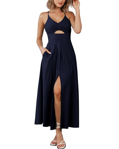 BTFBM Women 2024 Summer Spaghetti Strap Dress Sleeveless V Neck Cutout Slit Casual Beach Party Maxi Dresses with Pockets - Small - Solid Navy