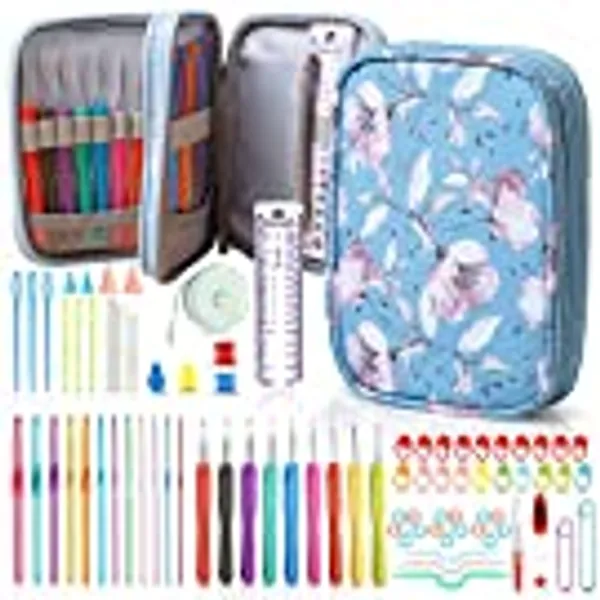 SHAXANO Crochet Kit for Beginners, 86-Piece Crochet Hooks Set, 9 Sizes Crochet Hooks with Ergonomic Soft Grip, 12 Sizes Aluminum Crochet Hooks, 65 Accessories for Crocheting, Knitting