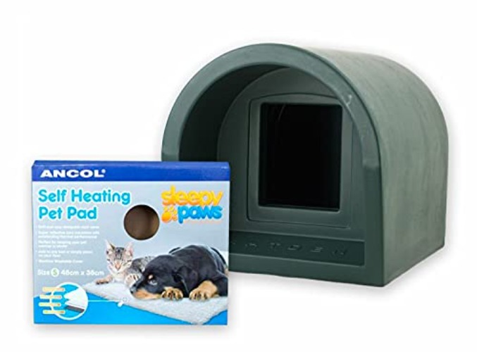 Mr Snugs Plastic Outdoor Cat Kennel & Ancol Self-Heating Pet Pad - Dark Green