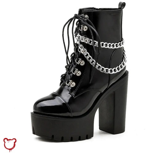 "Black Gothic Chain Ankle Boots" - black shoes / 6.5