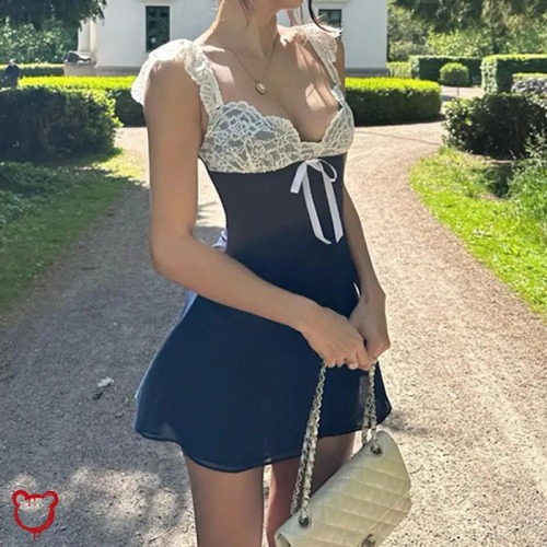 Black Lace Bow Dress - Black / S