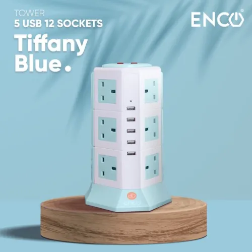 ENCO 5U12K (12 UK Plugs 5 USB Ports) Tower Extension / Extension Plug with Surge Protector (Tiffany Blue)
