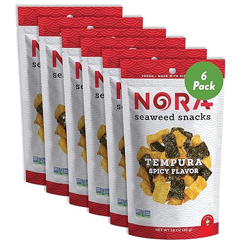 Spicy Tempura Seaweed Snacks by Nora, Thick Nori Sheets Snack Strips, Low-Carb Healthy Snacks for Adults, Asian Snacks, Vegan, Non-GMO, 6-Pack - Spicy Tempura - Pack of 6