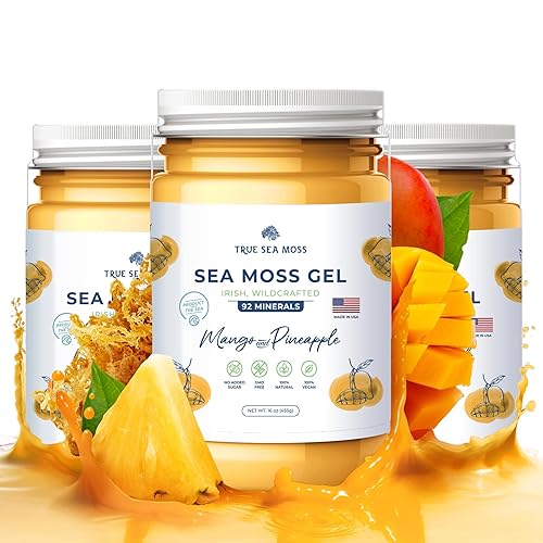 TrueSeaMoss Wildcrafted Irish Sea Moss Gel - Made with Dried Seaweed & Fresh Sea Vegetables, Seamoss - Made in USA (Mango/Pineapple, Pack of 3) - MANGO/PINEAPPLE - 16 Fl Oz (Pack of 3)