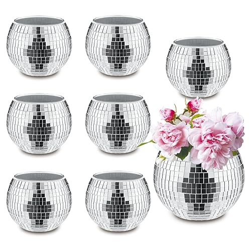 8 PCS Silver Disco Ball Vase,Glass Disco Ball Planter Candle Holder Vase Bulk Mirror Disco Ball Flower Vases for Wedding Centerpieces,Birthday,Office,Bedroom - Silver - 3x4in