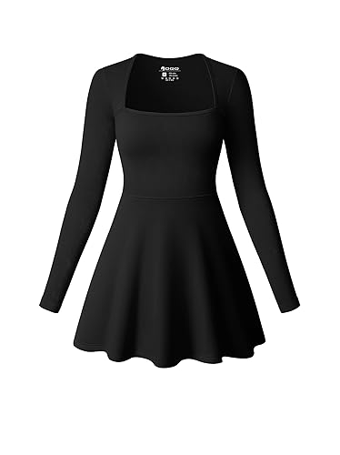 OQQ Women Long Sleeve Dresses Square Neck Casual Party Club A-Line Mini Dress - Black - Large