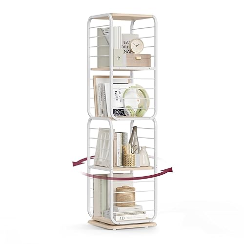 VASAGLE 4-Tier Rotating Bookshelf, Bookcase with Bookends for Small Spaces, Corner Shelf, Steel Frame, Natural Beige and Cloud White ULLS127W67 - Cloud White